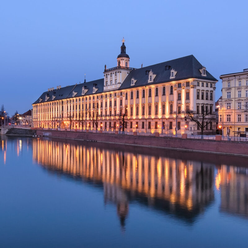 Wroclaw university, view from river Odra, in the evening. Poland Wroclaw university, view from river Odra, in the evening. Poland. Europe.